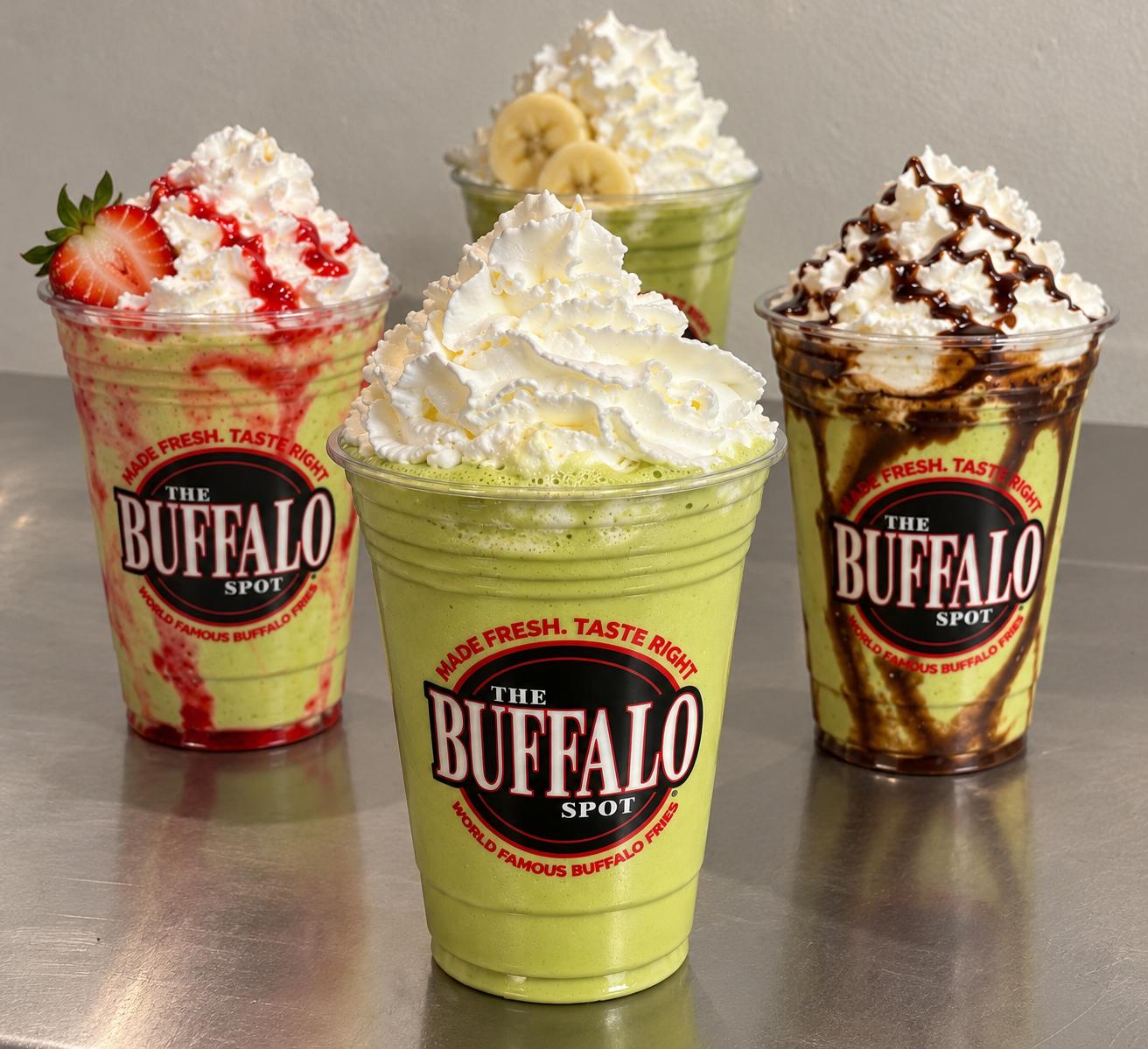 Original, strawberry, chocolate and banana matcha shakes topped with whipped cream.