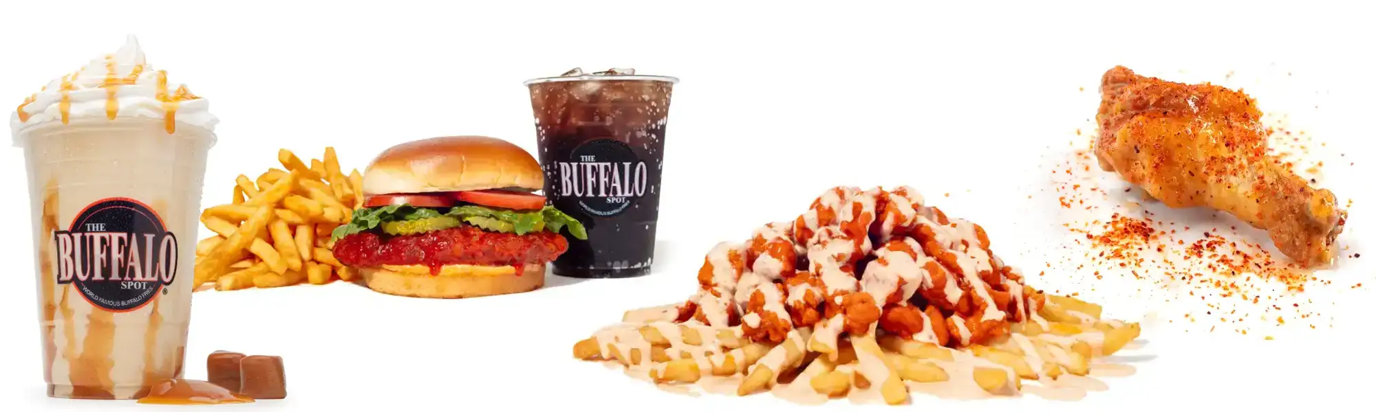 Variety of foods - burger, shake, wings, buffalo fries